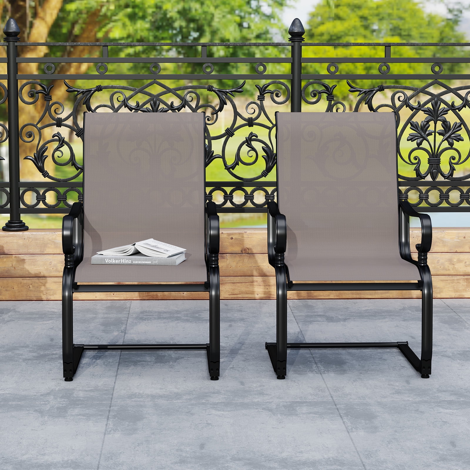 Gymax Patio Dining Chairs Set of 4 C-Spring Motion Patio Chairs w/ Metal Frame Gray & Black