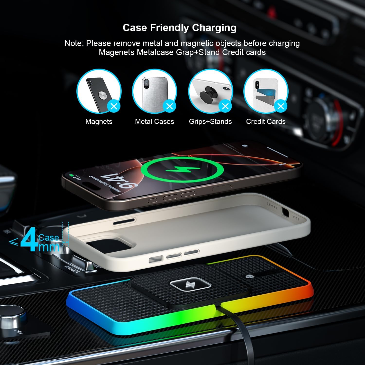 Wireless Charger car Charging pad,FHDFHD 15W Wireless Phone Charger,RGB Cell Phone Cordless Charging mat Compatible with iPhone 16/15/14/13/12 Galaxy S23 S22 S21 Note10(k1)