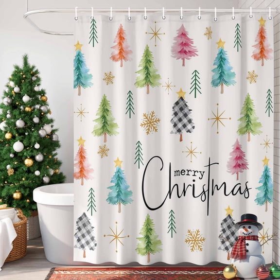 Colorful Christmas Tree Shower Curtain, 60" x 72", Winter Snowflakes Merry Christmas Waterproof Bathroom Curtain Washable Shower Curtain Set with 12 Hooks