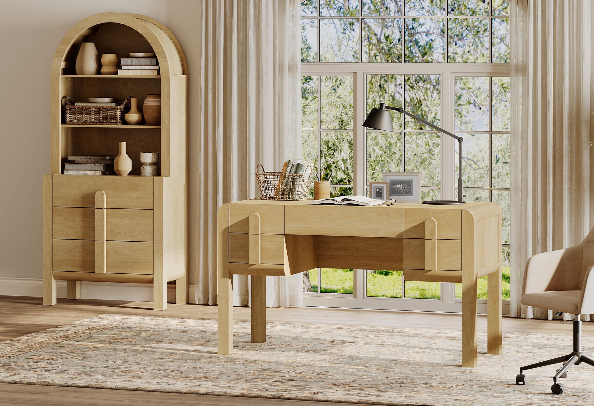 2 Piece Office Set, 53.5" Modern Executive Desk with Charging Station and Drawers & 71"H Tall 3-Tier Arched Bookcases with Open Storage for Living Room, Bedroom, Home Office