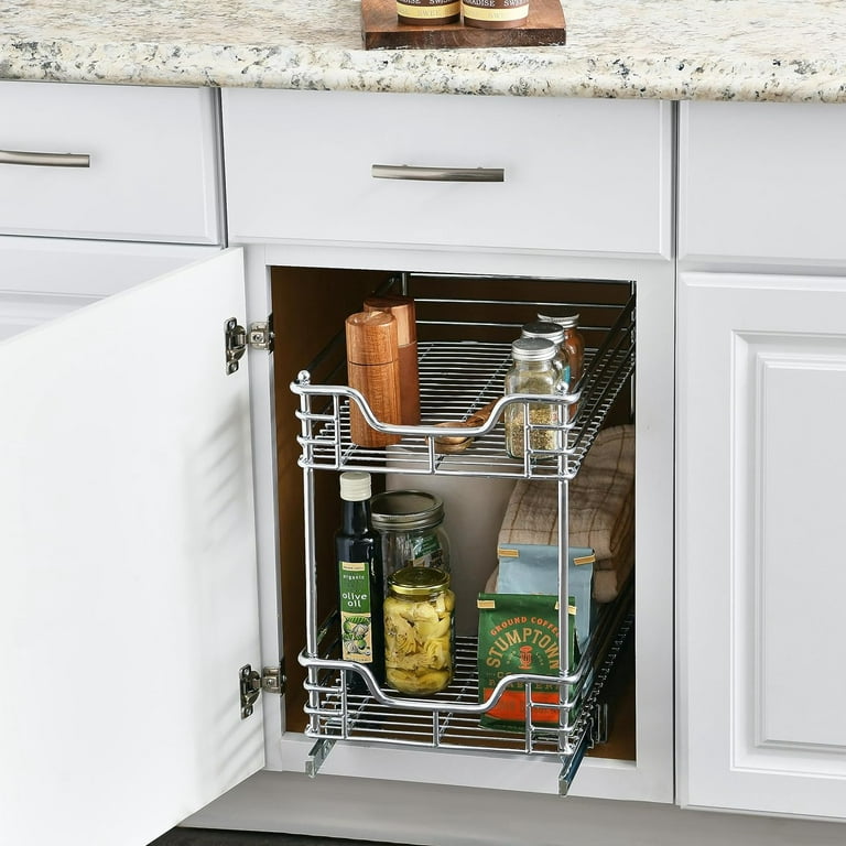 Home Zone Living 2 Tiers Pull Out Cabinet Organizer, 15W x 20D, Size: 15 Width, Silver