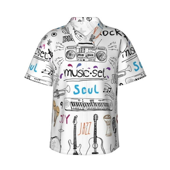 Music Notes Men's 3d Print Casual Button Down Shirts, Novelty Hawaiian Short Sleeves Xl