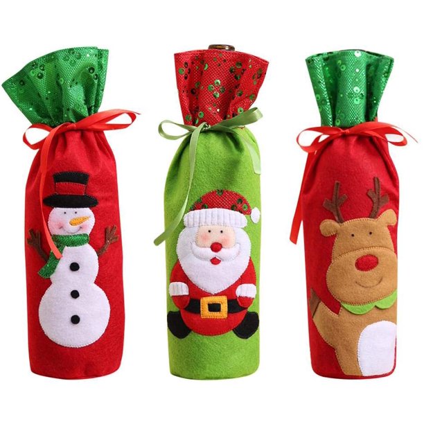 JM Juego de bolsas de vino de tres piezas, bolsa de regalo con bolsa para botellas con cordón, bolsa de regalo para botellas de vino, bolsa de regalo para vino de Navidad, decoraciones de mesa navideñas JM RV021031-01065SDJ