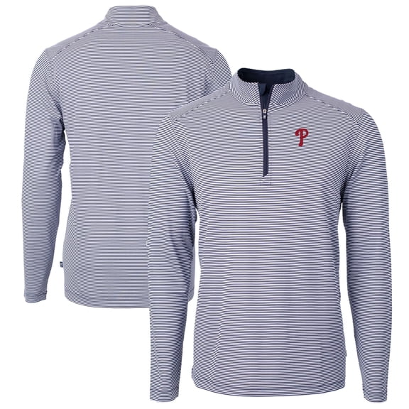 Men's Cutter & Buck Navy/White Philadelphia Phillies Virtue Eco Pique Micro Stripe Big & Tall Recycled Quarter-Zip