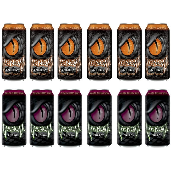 Venom Energy Drink Variety Pack , Pack of 12 , 16 fl oz , Death Adder (AKA Fruit Punch) Energy Drink , Black Cherry kiwi Energy Drink