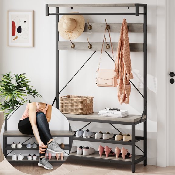 Aoile 4-in-1 Hall Tree, Entryway Bench with Coat Rack Freestanding, Shoe Bench with 8 Hooks & 3-Tier Storage Shelf, Gray