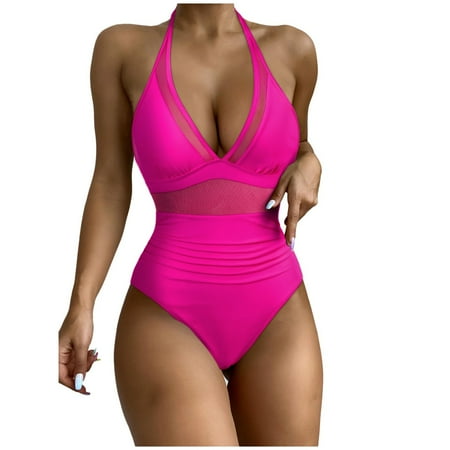 Brondbend Swimsuit for Women 2025 Solid Color V-Neck Halter One-Piece Swimsuits Sexy Pleated Mesh Tunic Tummy Control Backless Bikini Slim Fit Womens Fashion for Holiday Up to 50% off Hot Pink Xl