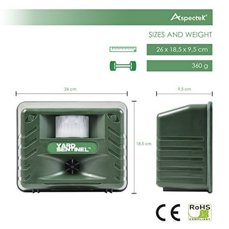 - Aspectek - Yard Sentinel - Ultrasonic Outdoor Animal Pest Repellent, Pest Repeller Pest Control with Motion Detector for Rodents, Cats, Rats, Mouse, Mice,Deer, Bear, Raccoon Eliminator