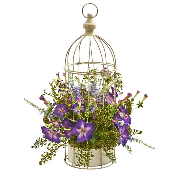Nearly Natural Morning Glory Artificial Arrangement in Decorative Bird Cage