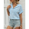 thumbnail image 4 of Button Down Crop Tops for Women Cropped Striped Shirts Dressy Casual Collared Blouses Summer Tee Top Blue M, 4 of 8
