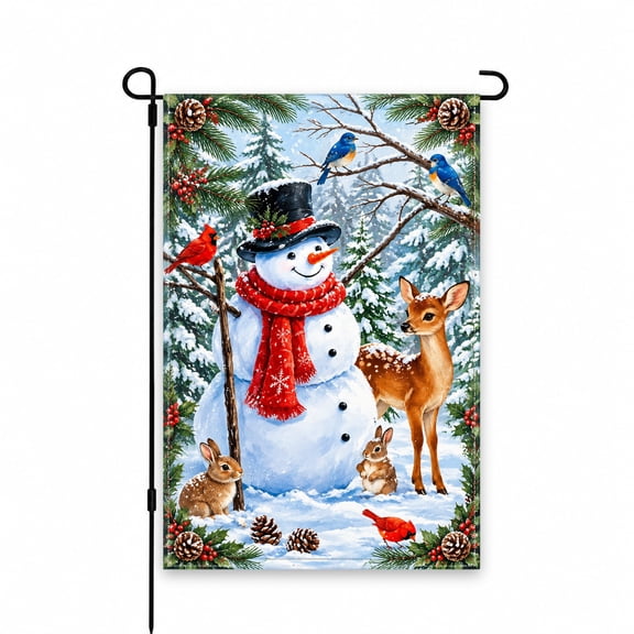 Festive Snowman & Woodland Friends Garden Flag - Winter Red, Blue, Green Design - 12x18 Inch for Patio, Lawn, Yard, Outdoor Christmas Decor