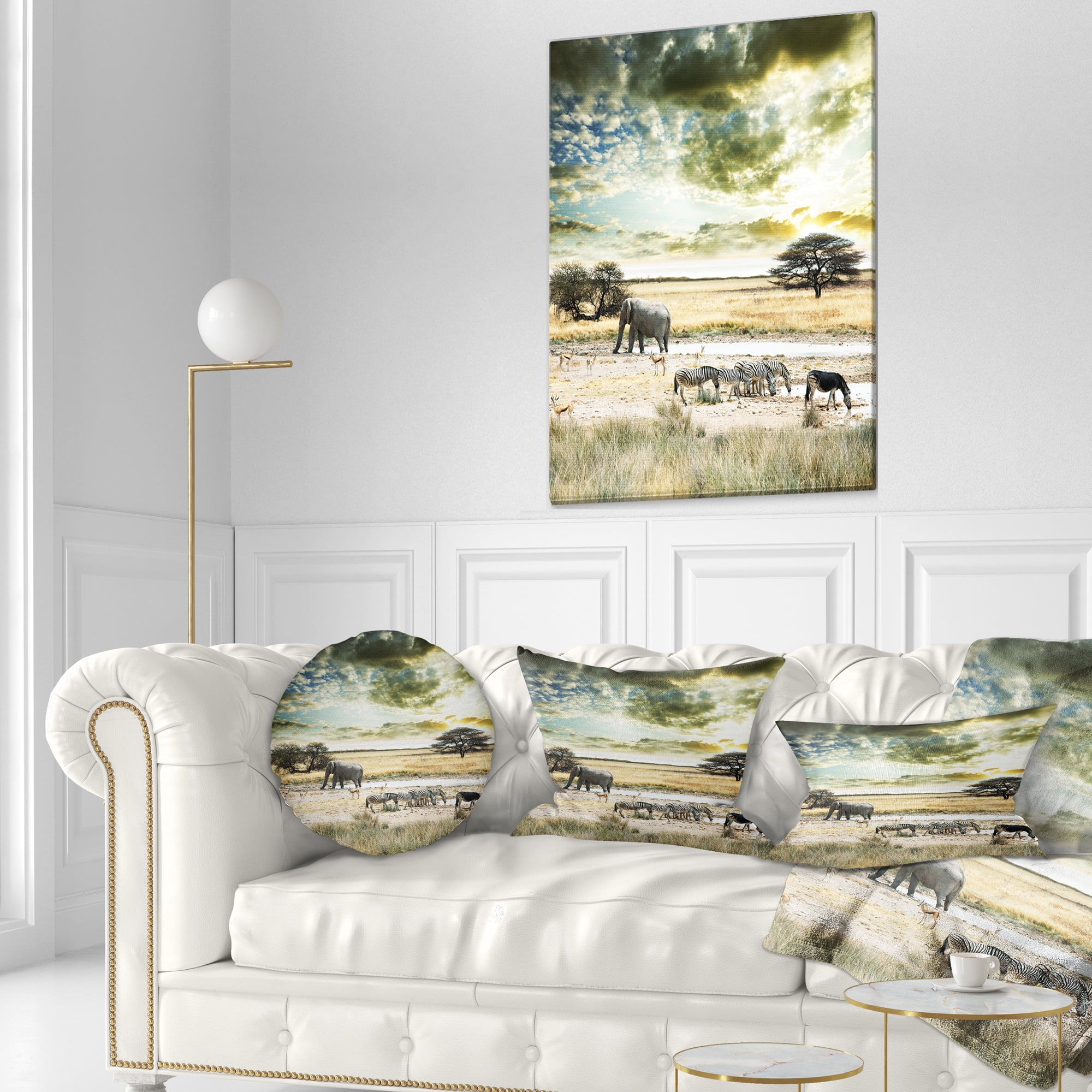 Designart Wild African Zebras and Elephant - African Throw Pillow - 12x20