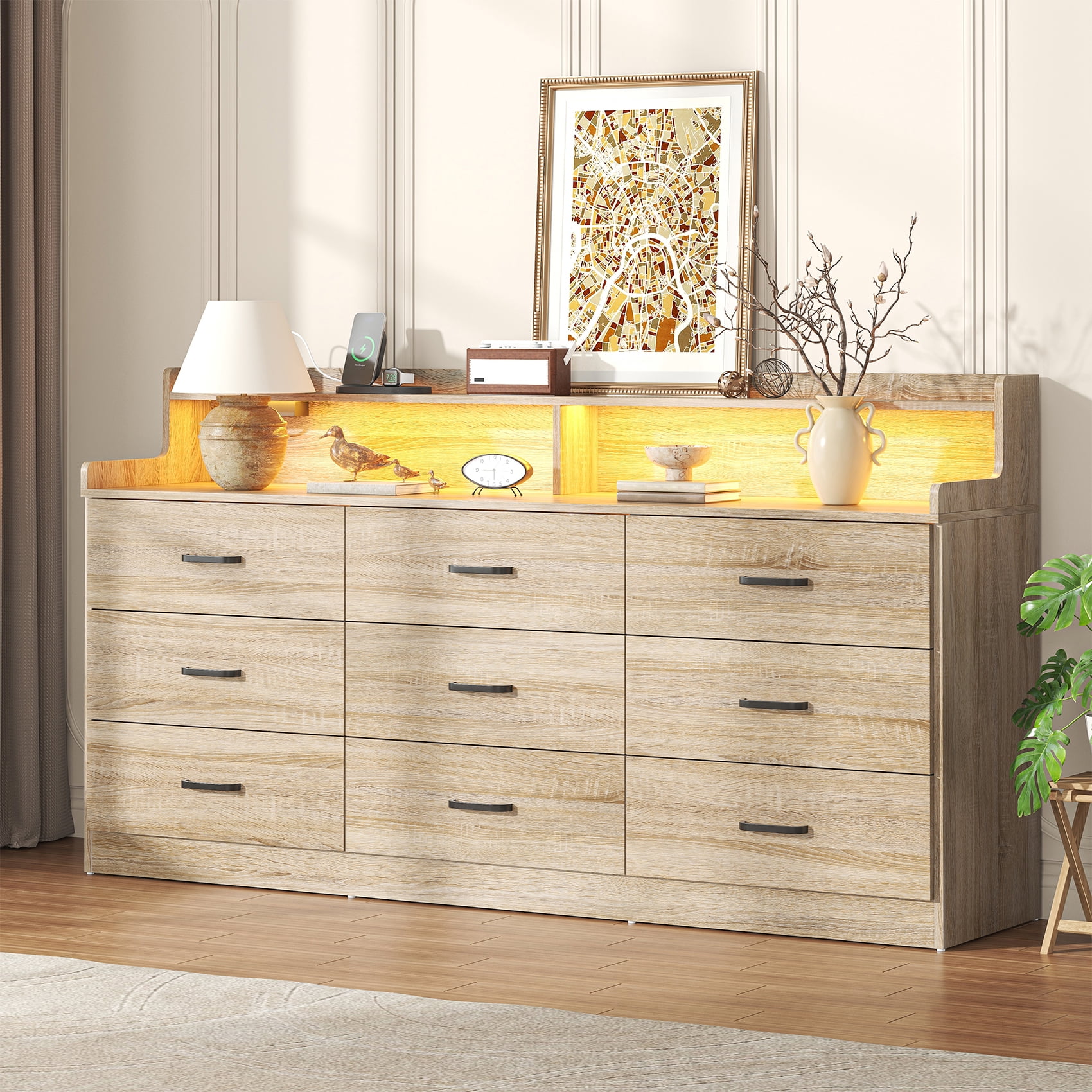 VVFLU Modern Dresser for Bedroom with LED Light, 9 Drawer Oak Dresser with Charging, Wooden Chest of Drawers, Large TV Stand for Bedroom