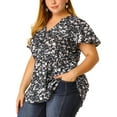 thumbnail image 3 of Agnes Orinda Women's Plus Size Tops Short Sleeve Smocked Waist V Neck Ditsy Floral Chiffon Summer Blouse 3X Black, 3 of 9