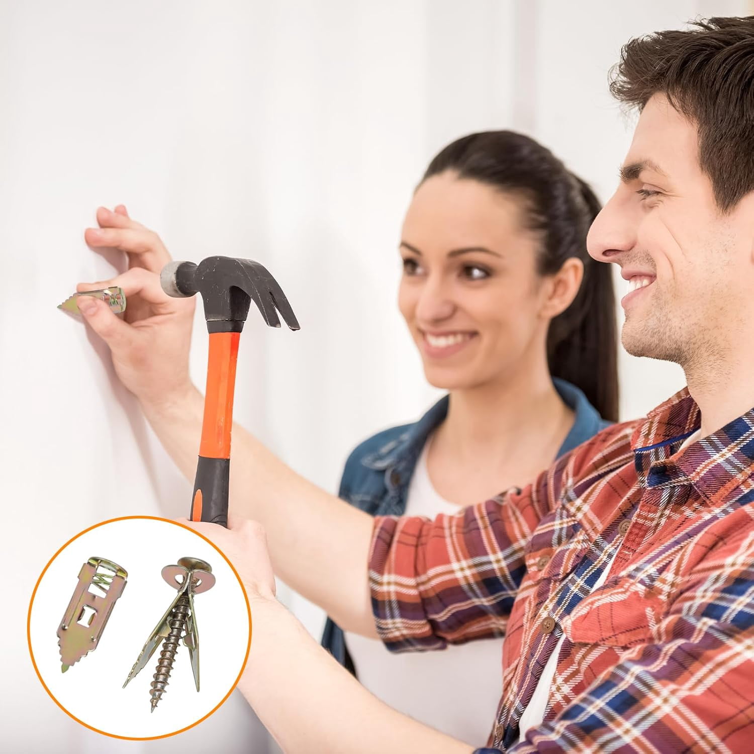 200 Pcs Self-Drilling Drywall Anchors with Screws,Easy to use, no Need to re-Drill The Wall, kit Includes 100 Gypsum Board Anchors (0.47x1.18 inches) and 100 zinc Expansion Screws.