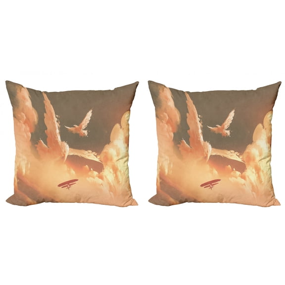 Ambesonne Fantasy Throw Pillow Cover 2 Pack, Plane in Sunset Cloud, 20", Cream Blue