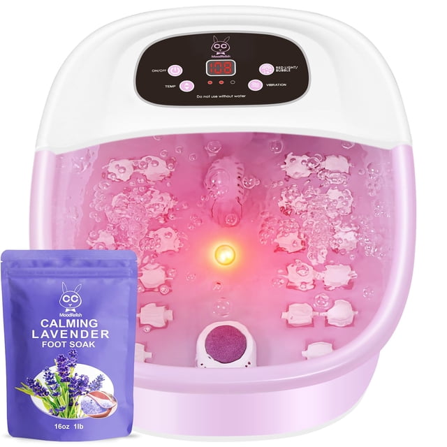 Masajeador de baño de spa para pies con burbujas de calor y masaje y chorros de vibración, sal de Epsom para remojo de pies de lavanda calmante de 16 onzas, remojo de pies con luz roja, 22 rodillos de