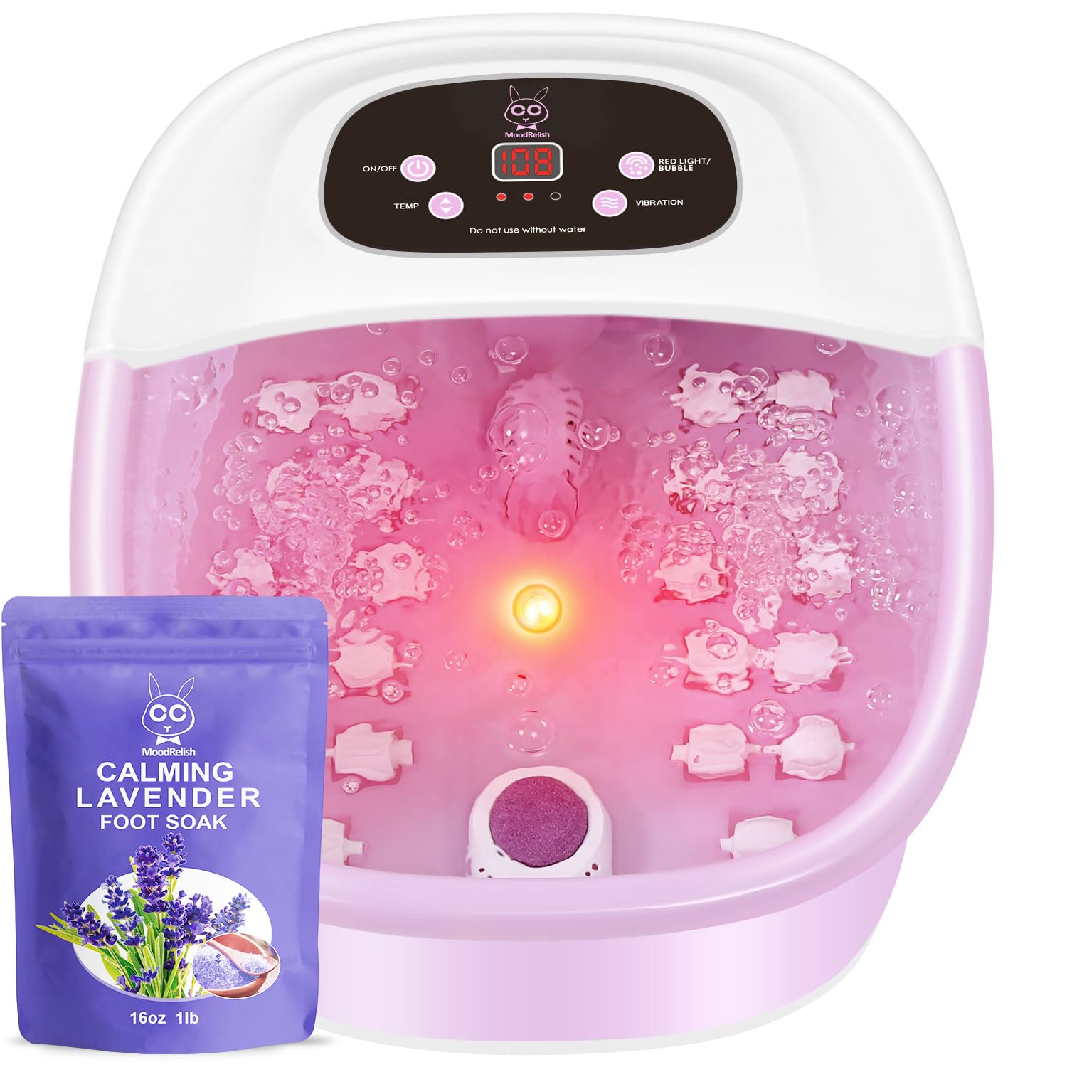 Foot Spa Bath Massager with Heat Bubbles Vibration Jets Red Light and 22 Massage Rollers Adjustable Temperature Pink