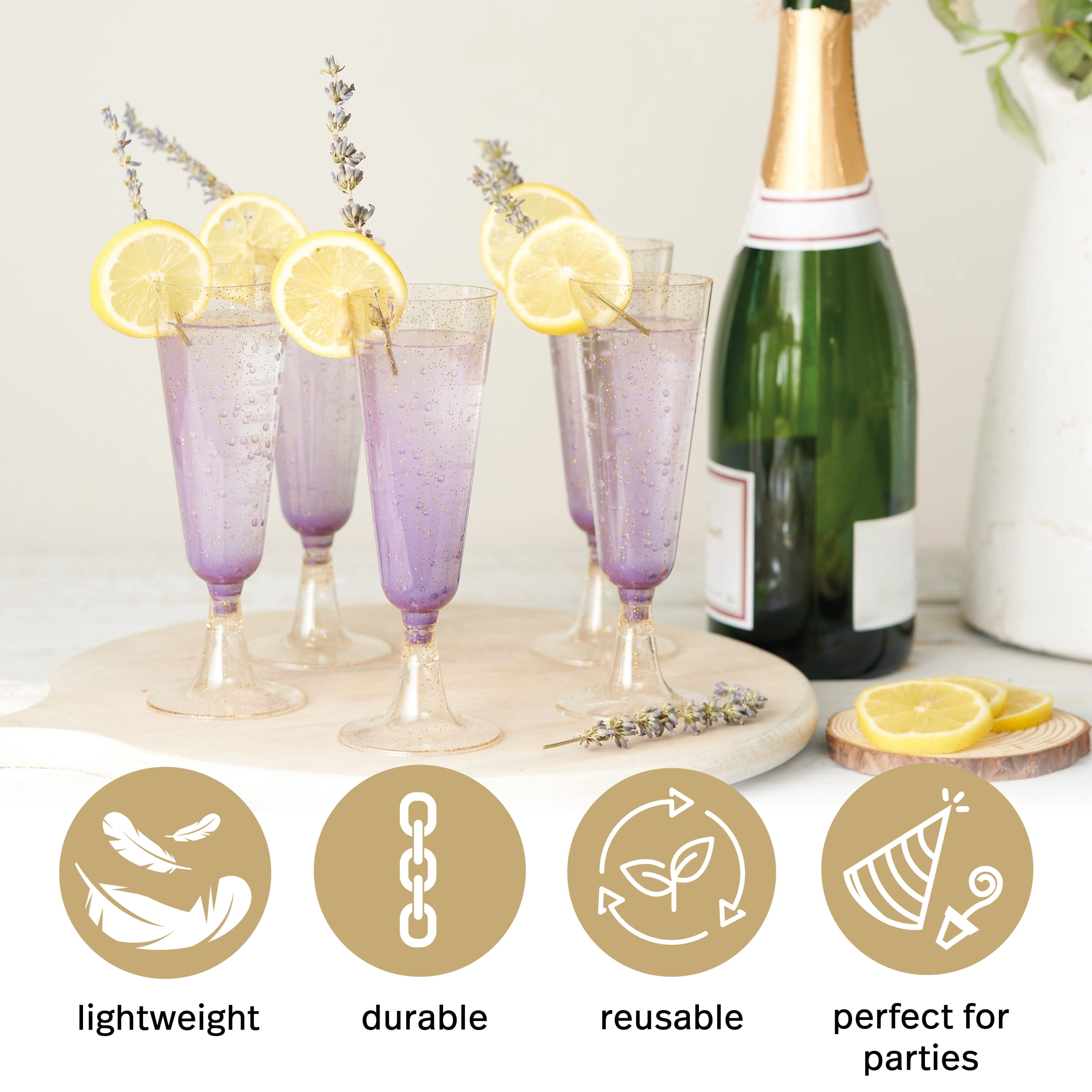 MATANA 5oz Gold Glitter Reusable Plastic Champagne Flutes Set of 50
