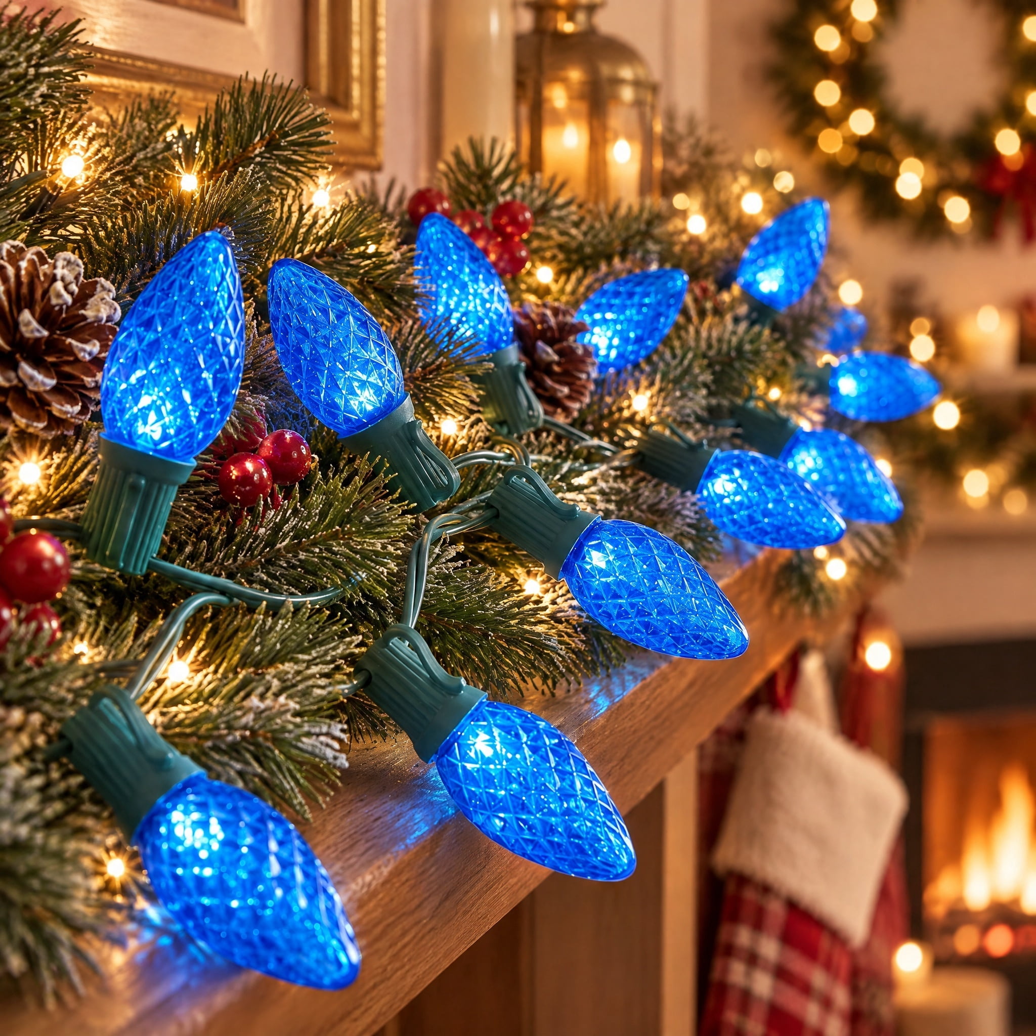 Indoor/Outdoor 100-Count LED Diamond-Cut C9 Christmas String Lights, Blue, Green Wire, 58.5', by Holiday Time