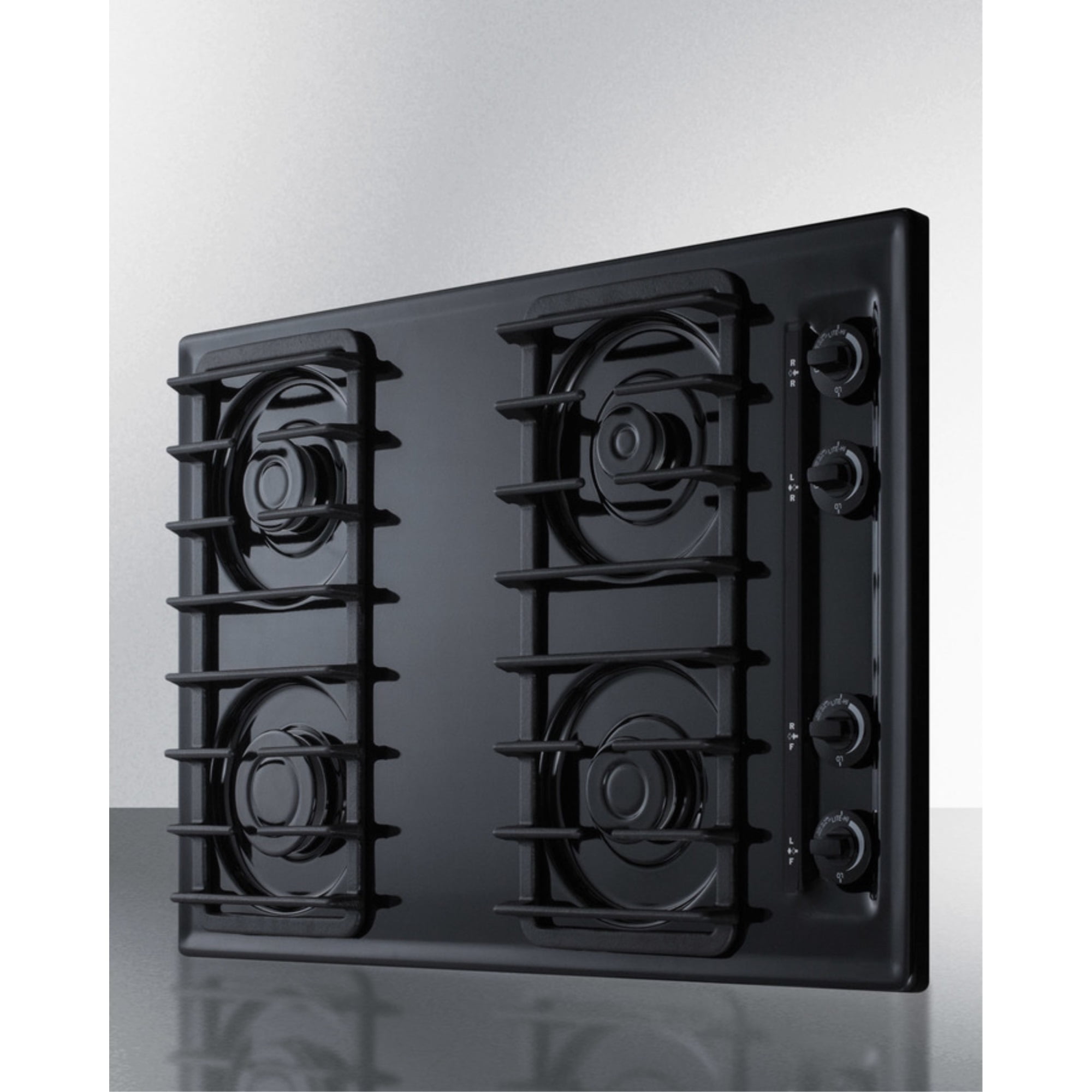 30" wide cooktop with four sealed burners, black porcelain finish, and cast iron grates; made in the USA