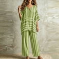 thumbnail image 5 of Women Summer Sets Ndbuld Women’s Fashion Pinstripe V- Neck Short Sleeve Elastic Waist Pocket Long Pants Sets Green L, 5 of 5