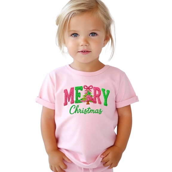 Ink Printed Image NOT a Yarn Patch - Trendy Faux Yarn Merry Christmas Graphic Shirt Pink Shirt 5-6