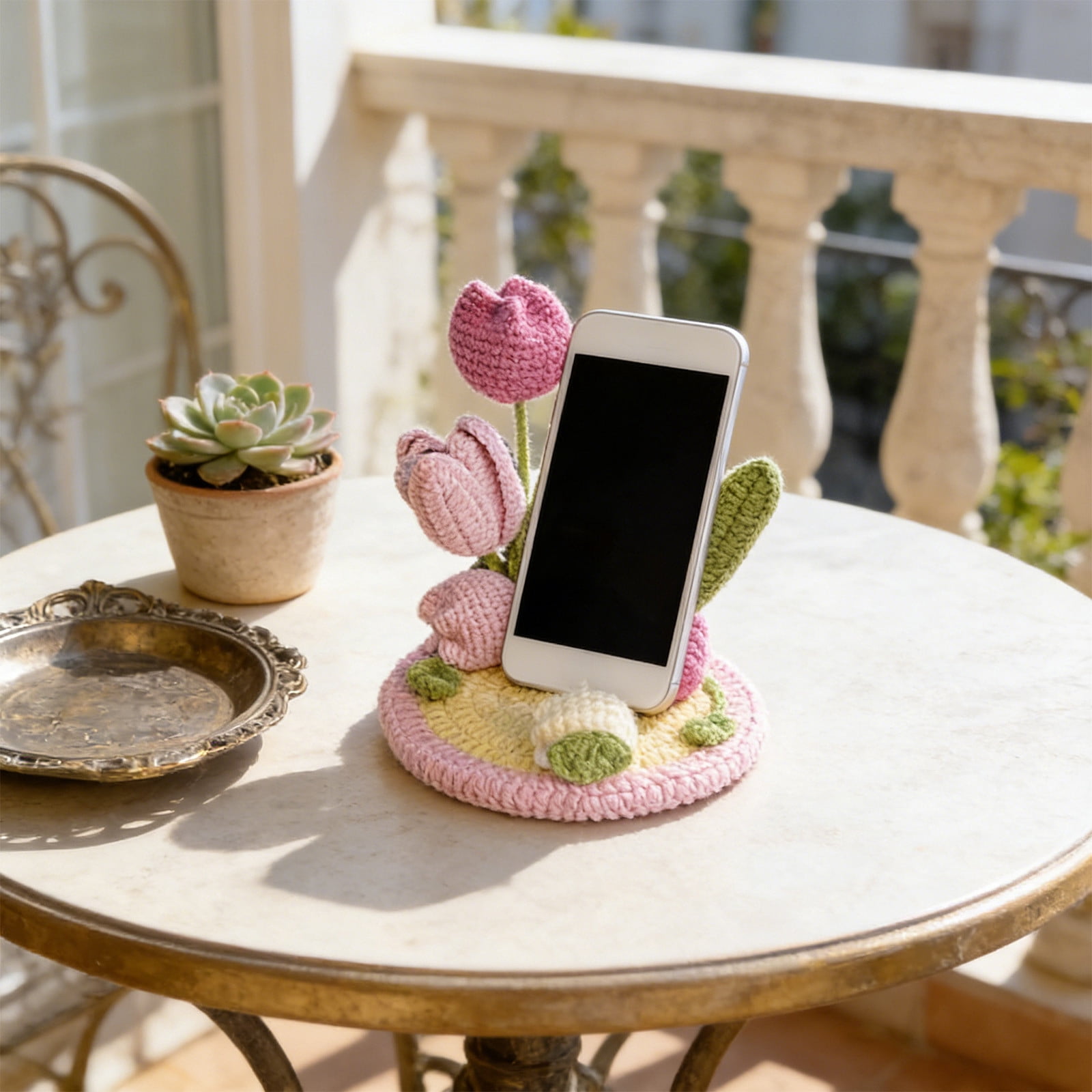 AURIGATE Handmade Crochet Tulip Flower Phone Stand, 5.12 Inch Cotton Cute Floral Phone Holder for Desk Home Office Decor