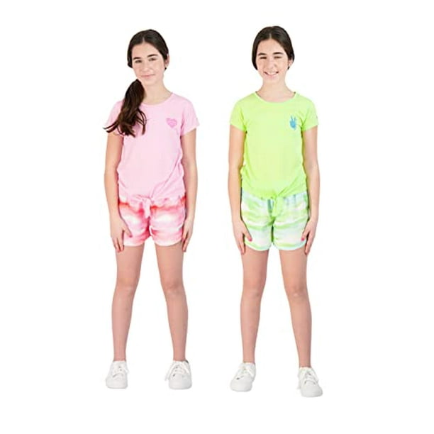 Hind 4PC Girls Athletic Shorts and Workout Tops, Workout Clothes for Girls  (Prism Pink-Sharp Green, 14-16)