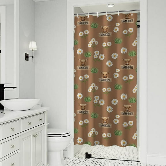Brown Highland Cow Flower Grass Pattern Shower Curtain 36"x72" ,Bathroom Decorative Shower Curtains Set with 12 Hooks,Modern Waterproof Washable Shower Curtain