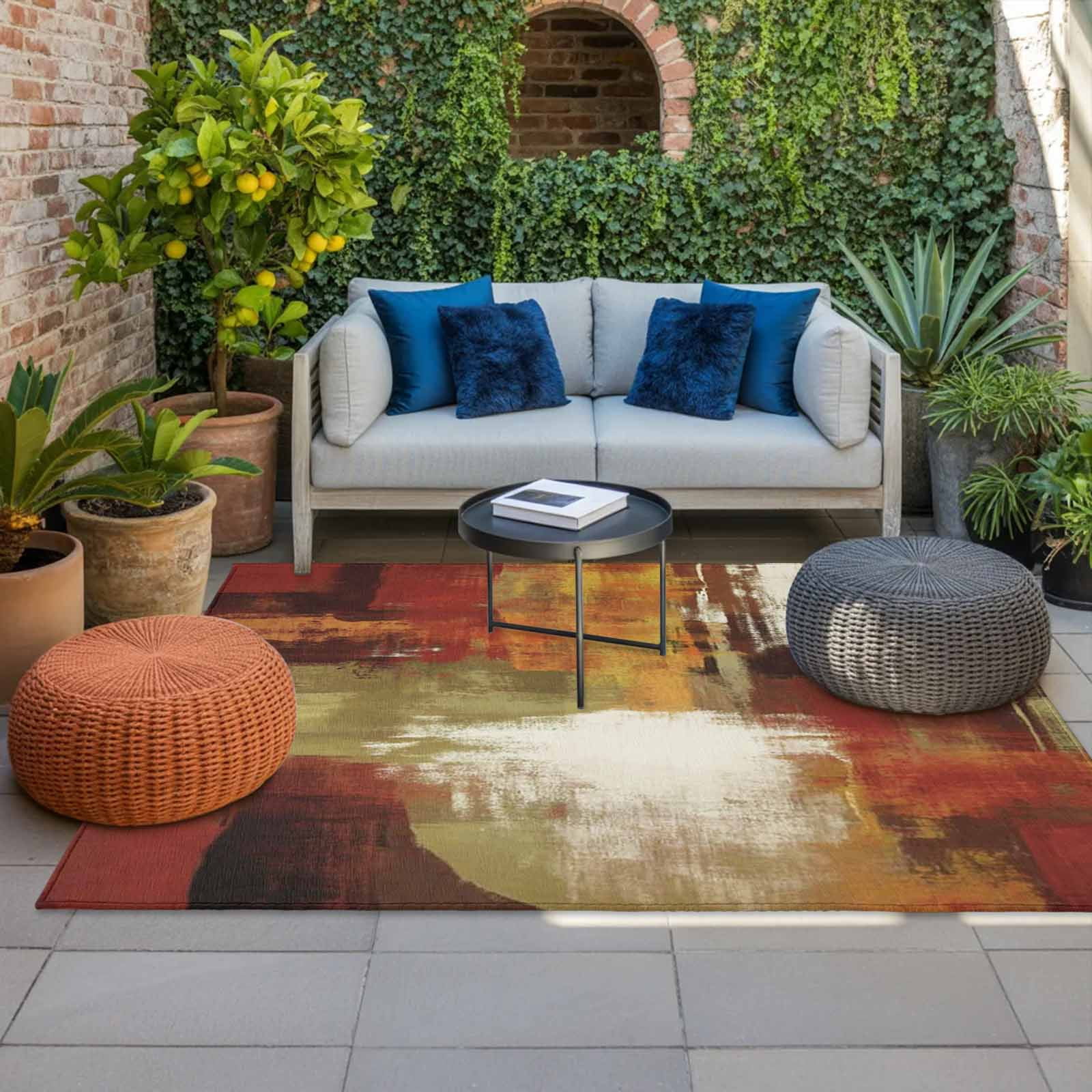 Burnt Orange Outdoor Rug for Patio/Deck/Porch, Non-Slip Large Area Rug 5 x 8 Ft, Fall Modern Oil Painting Abstract Art Green Brown Indoor Outdoor Rugs Washable Area Rugs, Camping Rug Carpet Runner
