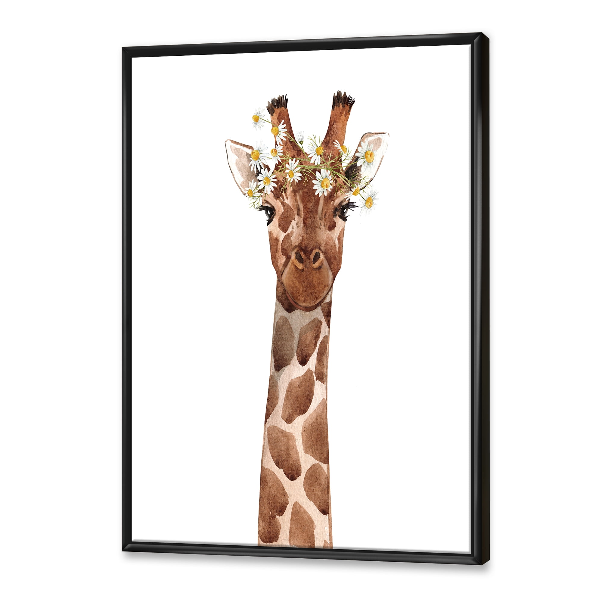 Designart 'Portrait of A Giraffe With White Flowers' Farmhouse Framed Canvas Wall Art Print