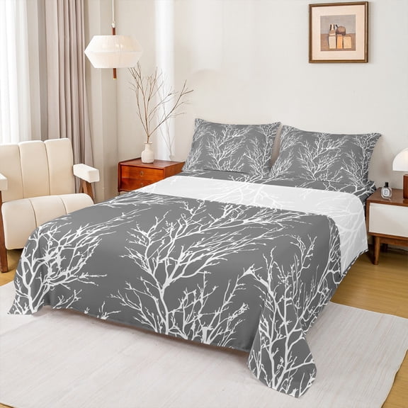 Homewish Chic Grey Branches Twin Sheet Sets, Jungle Plant Botanical Twin Fitted Sheet, Teens Adult Men Female Flat Sheet, Lightweight Room Decor, 3 Pieces