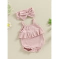 thumbnail image 5 of Cenuakty Baby Girls Rompers Solid Color Eyelet Knit Ruffles Spaghetti Strap Bodysuits Summer Clothes with Headband, 5 of 9