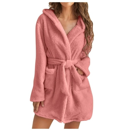 

Verugu Womens Fleece Warm Robe Nightgowns Solid Soft Long Sleeve Faux Velvet Sleepwear Winter V-Neck Cozy Fluffy Short Bathrobe Plush Night Dressing Robes for Women with Pokets Pink XL
