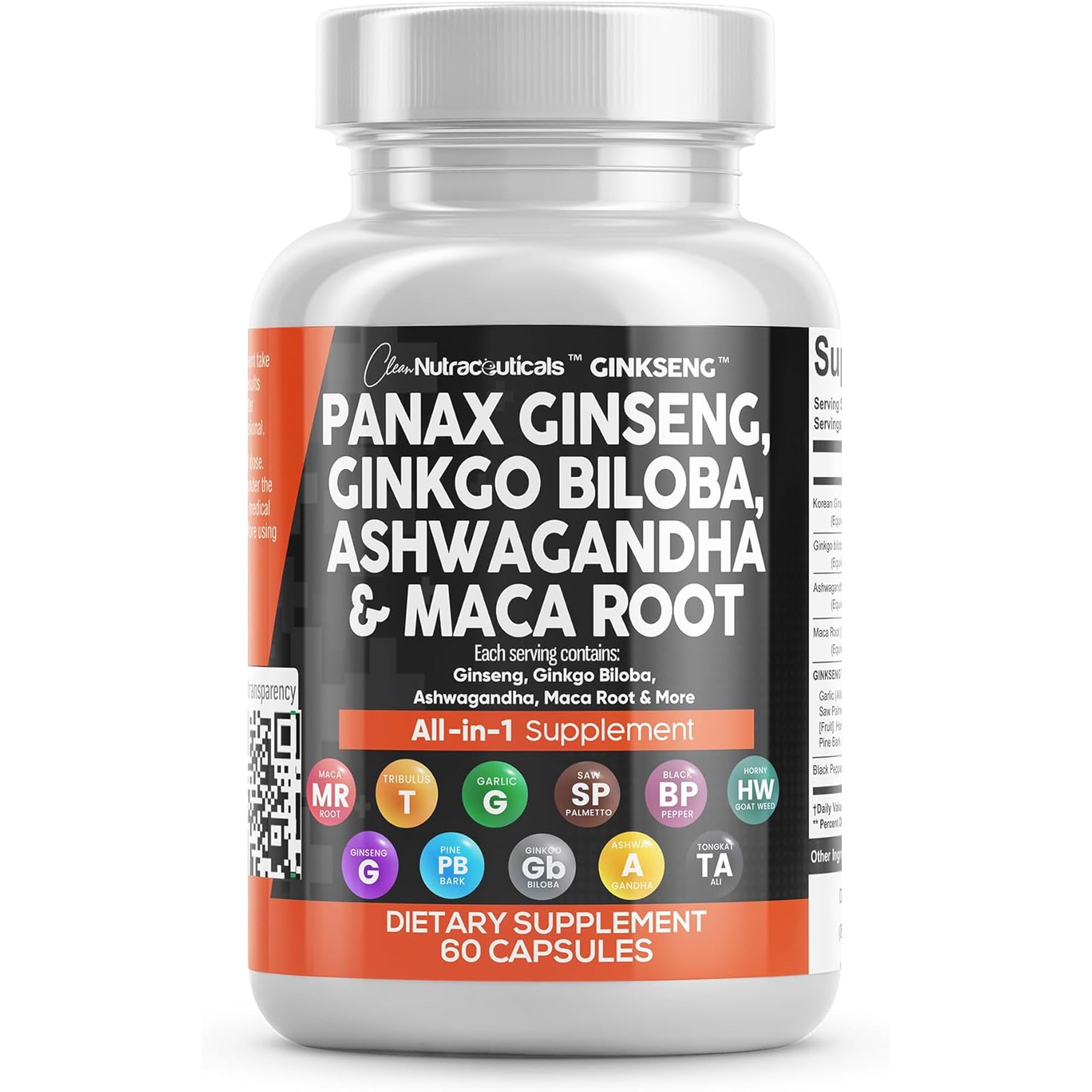 Clean Nutraceuticals Panax Ginseng Ginkgo Biloba Ashwagandha Maca Root - Focus Supplement Pills for Women and Men with Pine Bark Extract, Garlic, and Saw Palmetto - 60 Caps