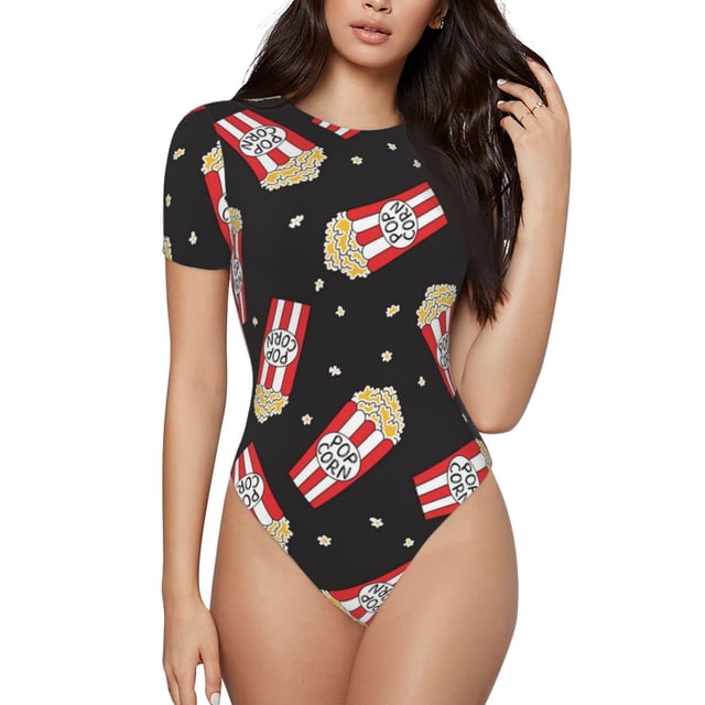Balery Popcorn Body de cuello redondo de manga corta para mujer Tops de manga corta Tops básicos-Large