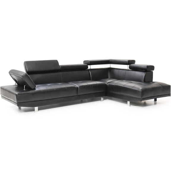 JERFIT Modern Right Chaise Sectional Sofa with Adjustable Headrest, Black PU Leather Living Room Couch