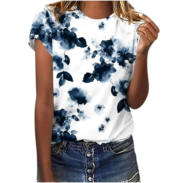 LMKIHUSA Chemises d'Été pour Femmes Tendance Décontractée 2025 Coupe Ample Manches Courtes Col Rond Hauts Tunique Imprimé Floral Élégant Bleu,G