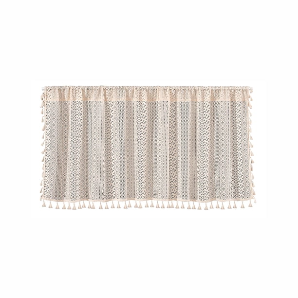 Cortinas semitransparentes de estilo bohemio de mezcla de lino y algodón, cenefas de diseño rústico con borlas, tratamientos de ventana que filtran la luz para la sala de estar, beige, 150 x 60 cm
