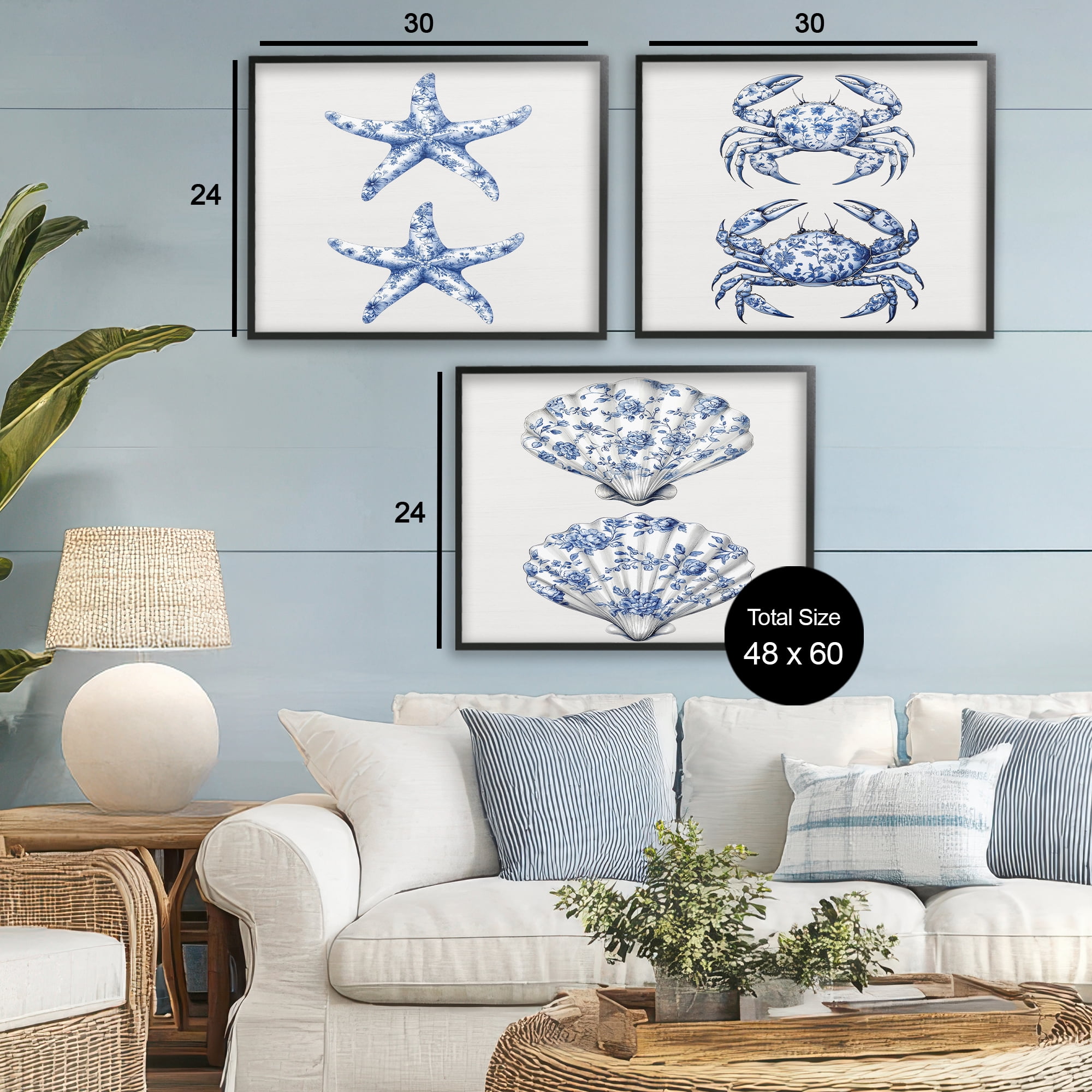 Vintage Toile Starfish & Crabs 3 Piece Black Framed Giclee Art Set, design by Lettered and Lined
