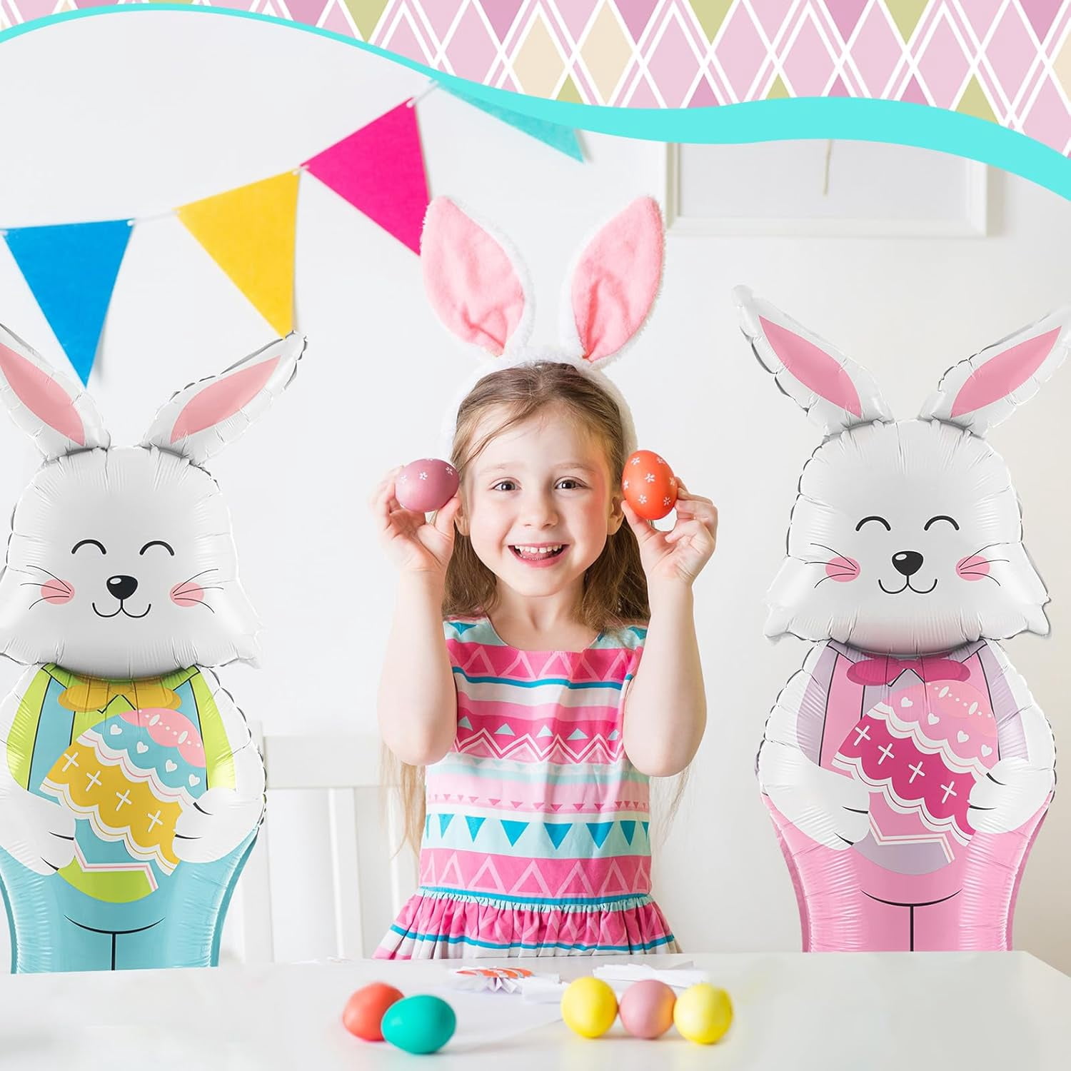Easter Bunny Balloons, 2-Pack 59-Inch Large Rabbit-Shaped Foil Balloons With Base For Standing Display, Cartoon Bunny Decor For Easter Birthday Spring Party