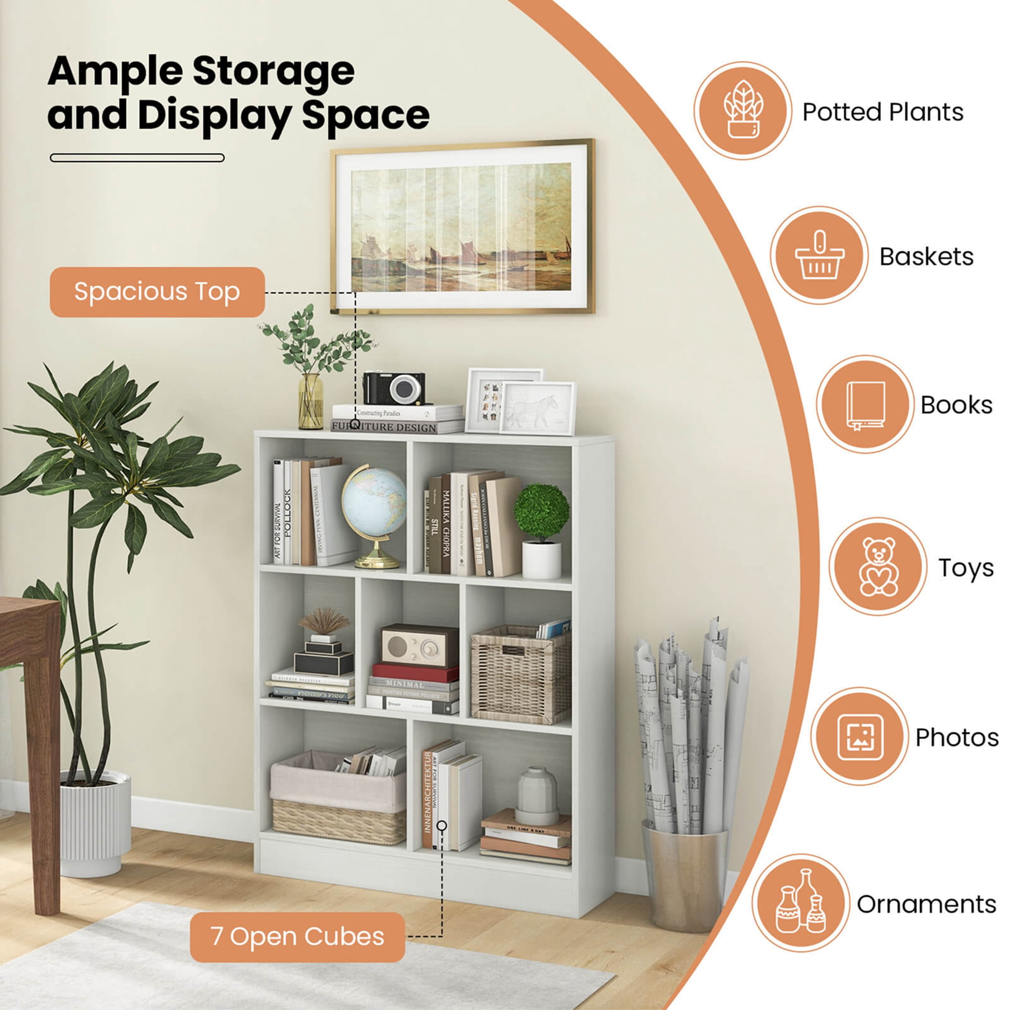 Costway 7-Cube Bookcase for Kids 41" Wooden Toy Storage Organizer Freestanding Bookshelf White