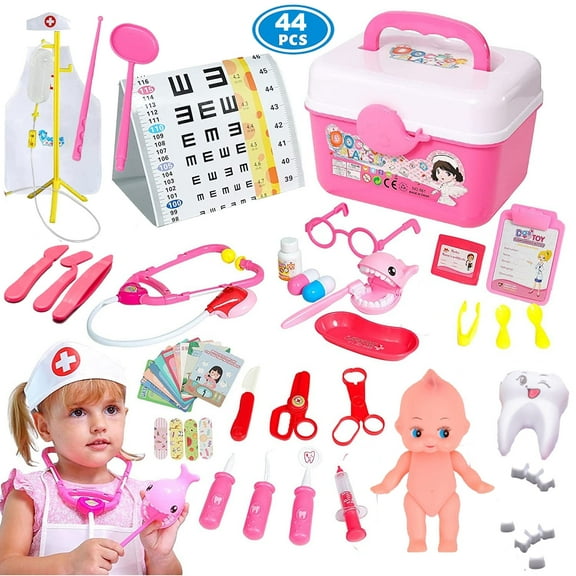 NimJoy Kids Eye Doctor Kit W/Toy Stethoscope & Vision Chart Preschool Toy for Girls 3-6 Years Boys, 44PCS Pink Durable Ophthalmology Medical Kit Pretend Play Optometrist Set Gifts to Toddler