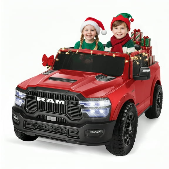 FUNTOK Licensed RAM 2500 24V 2 Seats Ride on Truck for Kids 3-8 w/ 20" Large Seat, 2 x 100W Motors, Ride on Electric Toys w/ 3-Point Seat Belts/Remote Control/LED Light/Music/Back Storage, Red