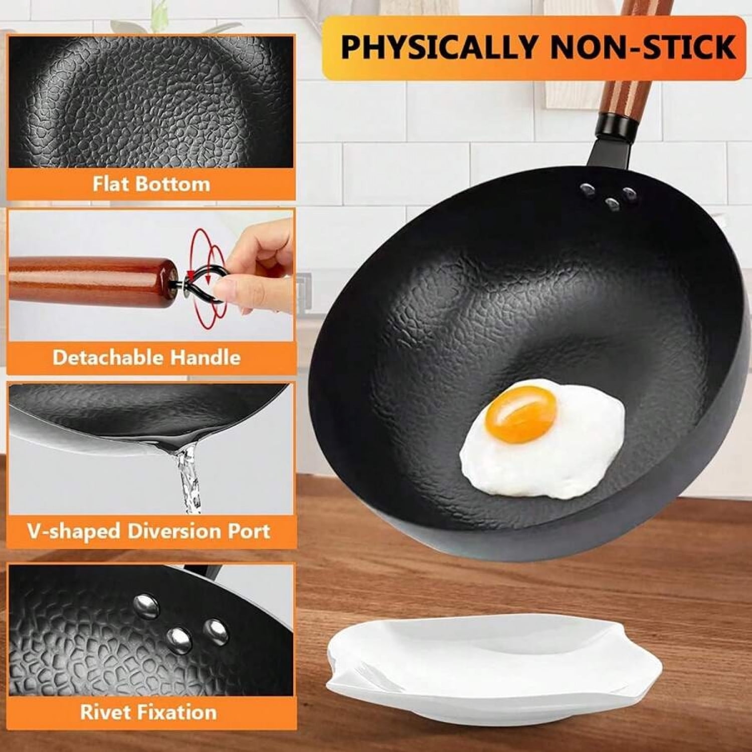 NTGFU 12.6'' Carbon Steel Wok Pan, 14 Piece Stir Frying Pans Set with Wooden Lid & Cookwares, No Chemical Coated Flat Bottom Chinese Woks for Induction