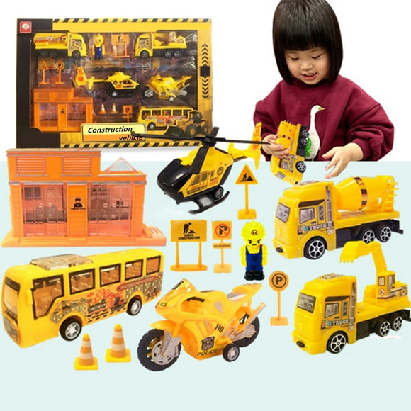 Kids Construction Vehicles Playset , Dump Truck, Cement, Helicopter, Educational Engineering Toy Set Birthday Gift for 3+ Year Old Boy