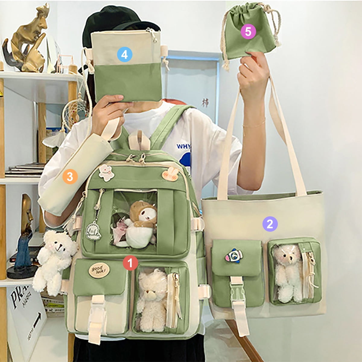 Sanmadrola 5PCS School Backpacks Cute Plush Bear Backpack Set with Pendants and Pins Accessories Kawaii Laptop Bag School Bags, Green