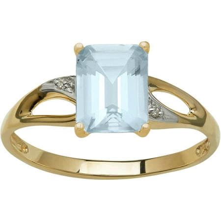 Simply Gold Gemstone 7x5mm Emerald-Cut Aquamarine with Diamond Accent 10kt Yellow Gold Ring, Size 7