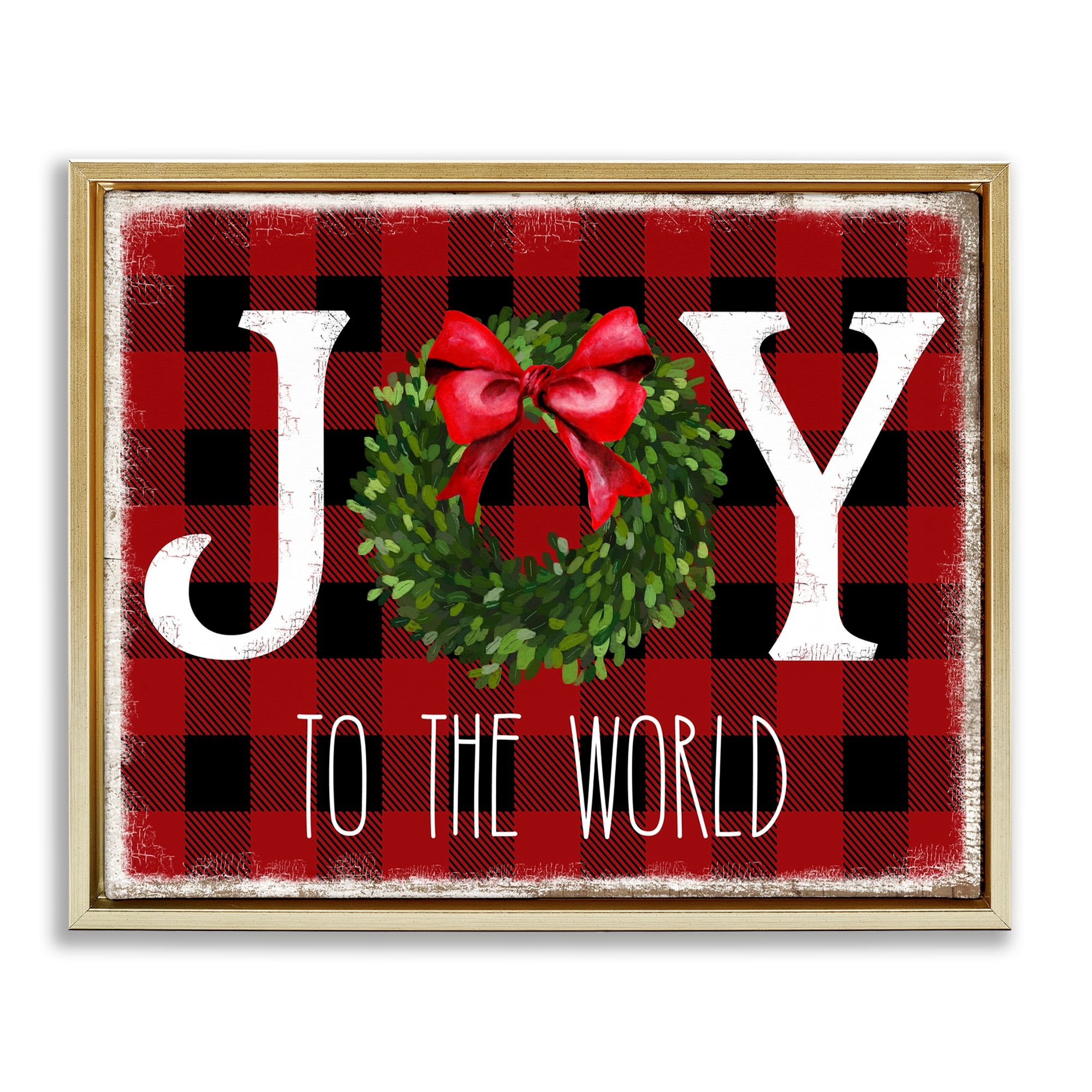 Stupell Industries Joy To World Christmas Charm Buffalo Plaid Metallic Gold Framed Floating Canvas Wall Art, 16x20, by Deborah Brown